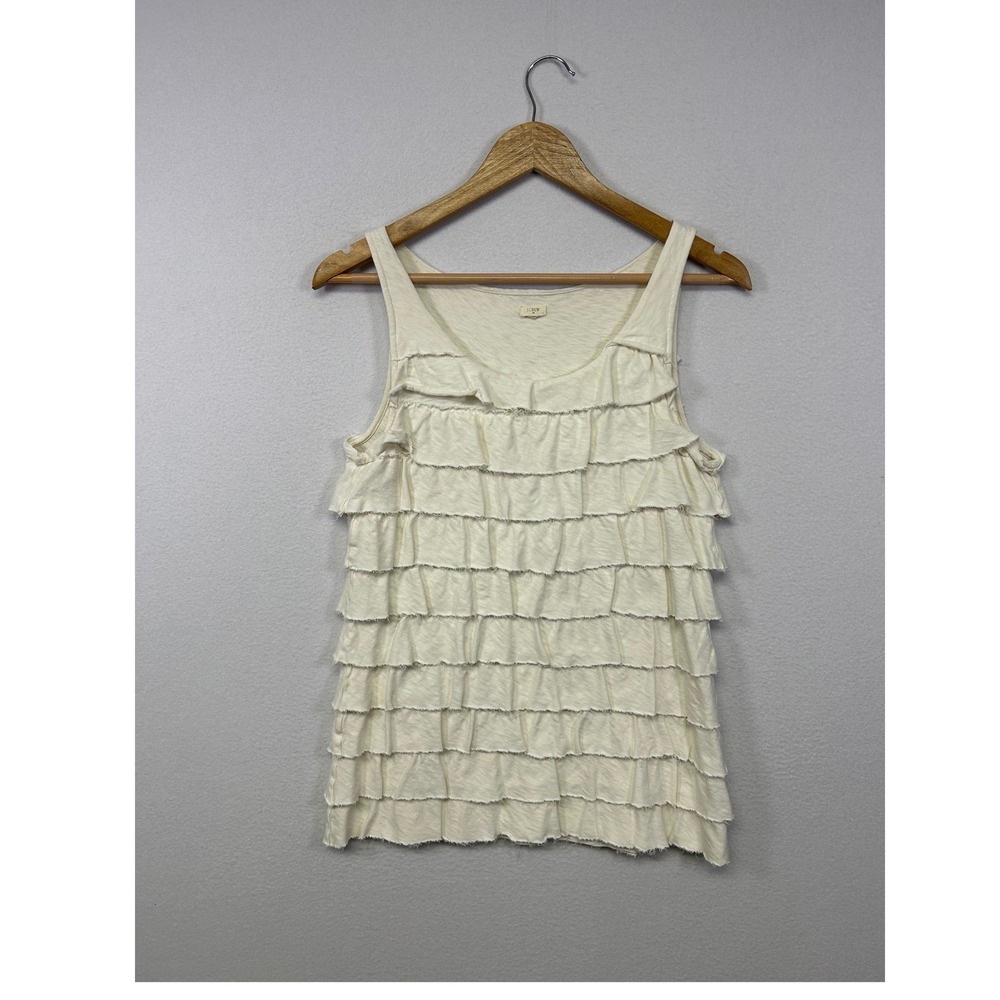 Cottagecore Boho J.Crew Womens XS Cream Tiered Ruffle Raw Edge Cotton Tank Top